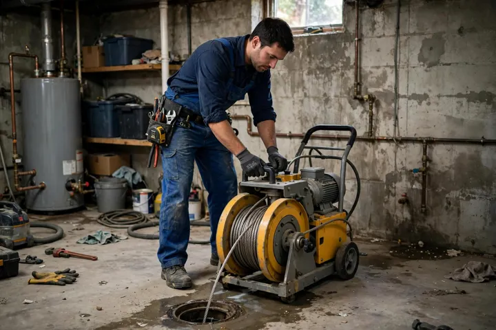 Technician running a drain cleaning machine