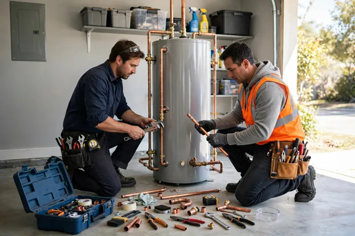 Crew installing a tank water heater