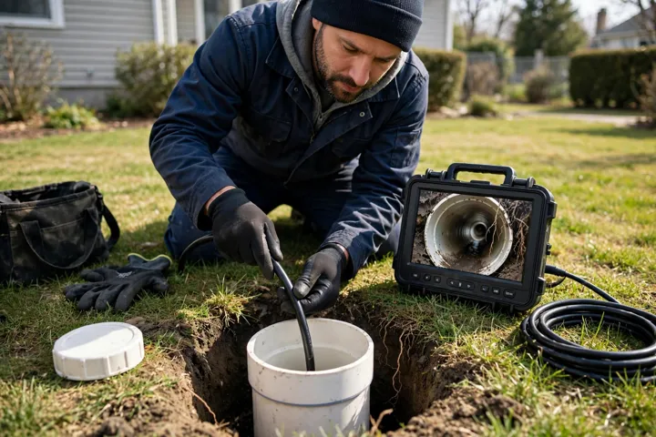 Technician running a sewer camera in a yard