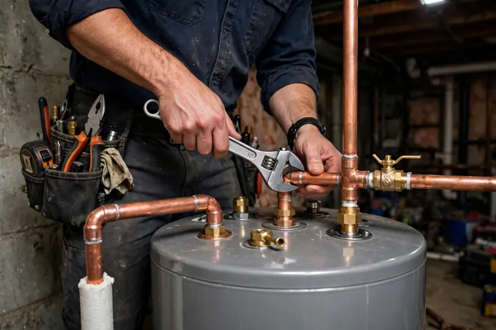 Technician connecting a replacement tank heater